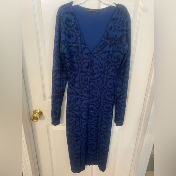 Symphony formal long‎ sleeve blue dress with black sparkles size medium - Picture 1 of 7